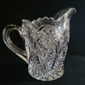Vintage Pressed Glass Creamer Sawtooth Scalloped Rim, Small Glass Pitcher